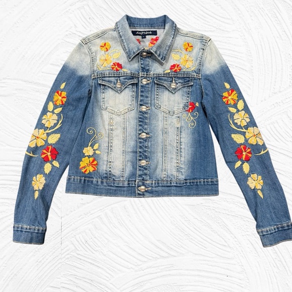 DRIFTWOOD Embroidered Denim Jacket Jean floral Jean Large Stretch - Picture 3 of 7